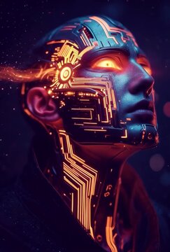 generative animation. cyber monk manipulates  energy	