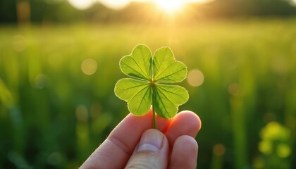 Hand holds a vibrant four-leaf clover in a bright green field. Golden sun light shines behind the lucky plant. Symbolizes good fortune, hope, and natural beauty outdoors. It evokes Irish charm.