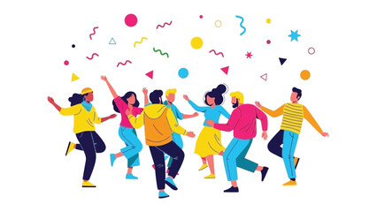 Celebration and Joy: a group of people dancing happily with colorful confetti and streamers in the air, creating a lively party atmosphere.