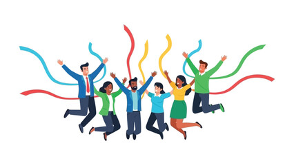 Celebration of Unity: A vibrant illustration showcasing a diverse group of individuals jumping for joy, their arms raised in celebration, accompanied by colorful streamers. 