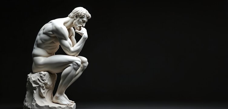 Sculpture of seated man thinking, on black backdrop. Marble statue embodies philosophy, contemplation, intellect. Creative art for editorial use, promotes introspection, knowledge, classical ideals.