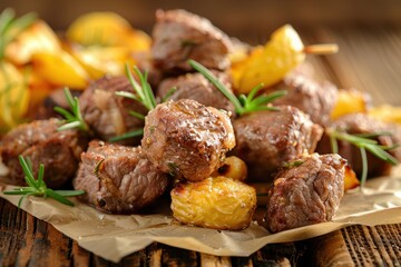 A delicious plate of grilled meat cubes garnished with rosemary, accompanied by golden roasted potatoes.
