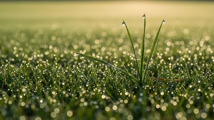 Lush green grass in a field covered in glistening morning dew drops with bright sunlight creating beautiful bokeh effect in early morning