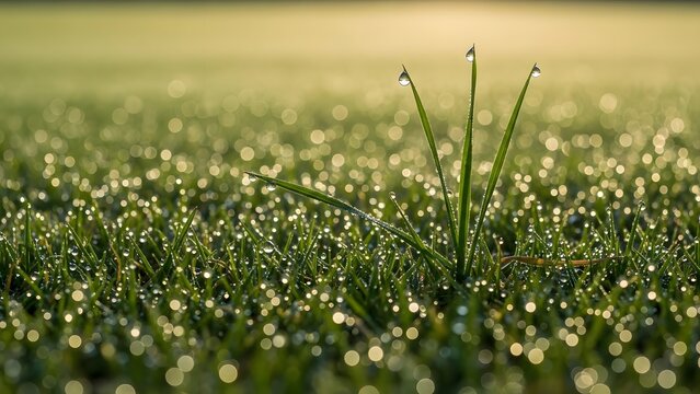 Lush green grass in a field covered in glistening morning dew drops with bright sunlight creating beautiful bokeh effect in early morning - Powered by Adobe