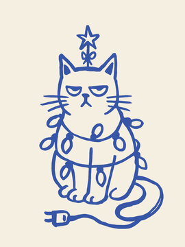 Fototapeta Christmas cat with lights sketch vector illustration