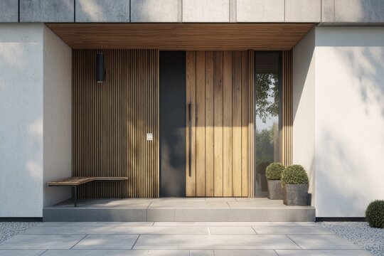 Modern wood and concrete entryway with outdoor seating and greenery.