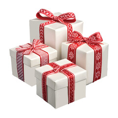Elegant White Gift Boxes with Red Decorative Ribbons – Holiday Present Set Isolated on White Background