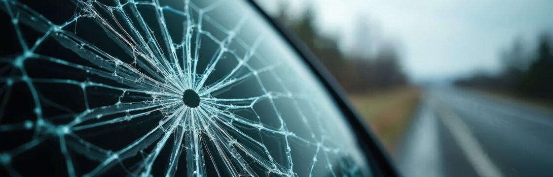 Closeup view of shattered car windshield cracked from impact. Web-like fractures spread across glass surface, obscuring blurry background of empty road, trees. Represents dangerous driving event,