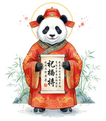 Chinese national symbol of peace and friendship. Imperial panda blessing. Giant panda scholar of fortune. Mandarin panda scroll. Auspicious panda bear. Asian red robe messenger. Watercolor good wishes