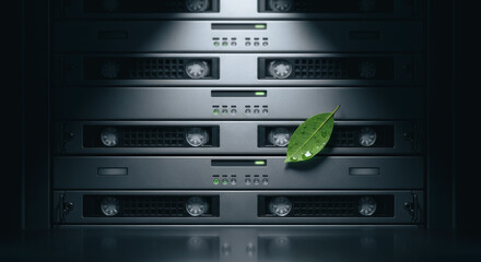 An artistic image shows a server rack integrated with nature. A green leaf resting on a server rack representing sustainable technology.