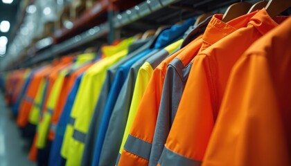 High visibility work jackets in bright orange yellow blue and grey hang on a metal rack in warehouse. Safety gear organized for worker protection. Uniforms stored neatly indoors.