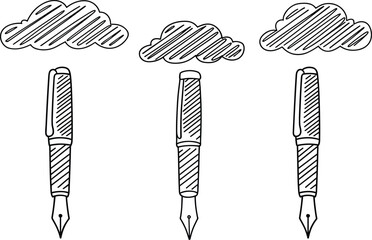Hand-drawn fountain pen illustration, doodle sketch style, creative writing concept with clouds, artistic ink pen graphic, black and white design