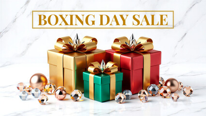 Festive boxing day sale announcement featuring gold red and green gift boxes tied with golden ribbons and bows surrounded by ornaments