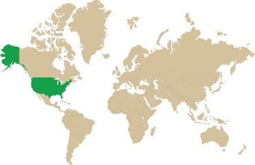 Obraz premium Vector map of USA highlighted in green world map, clean design ideal for geography, travel, and infographic use. Travel and tourism