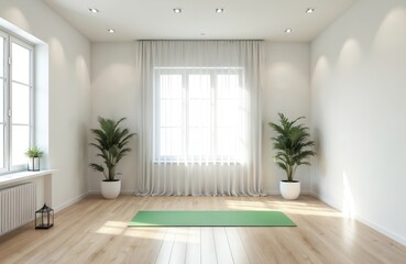 Fototapeta premium Spacious white room with wooden floor features large windows, sheer curtains, two potted plants. Green yoga mat lies ready for practice. Bright natural light fills serene, minimalist space, ideal for