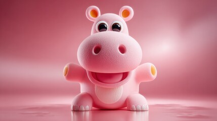 Naklejka premium A 3D rendered, cute, smiling pink hippo toy stands on a matching pink gradient
