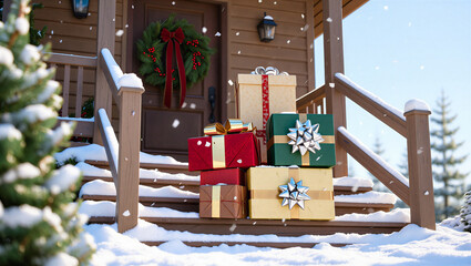 Festive christmas presents stacked on a snowy wooden porch with a wreath and garland decoration Boxing Day
