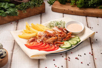 Doner plate with sliced chicken fries fresh vegetables and sauce served on lavash in rustic restaurant style