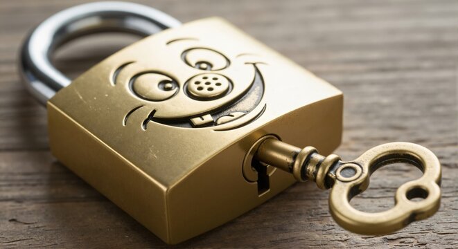 A brass padlock with a funny cartoon smiley face and a vintage key inserted in the lock. Security, access, and protection concept on a wooden background