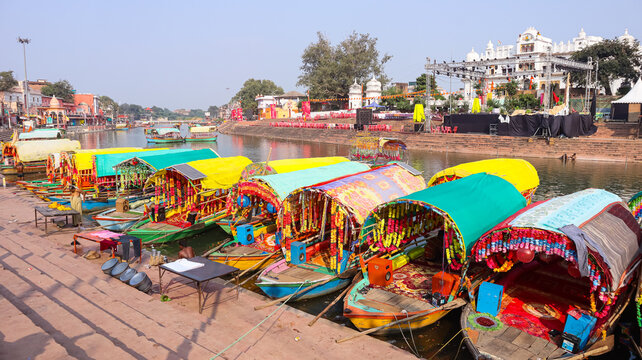 India, Madhya Pradesh, Satna, View of Tourist Ride Boats in Manadakini River of Chitrakoot With View of Ram Ghat.