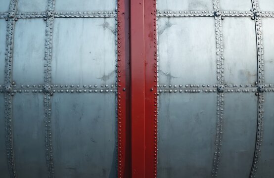 Close-up of metallic surface with visible rivets. Red vertical beam divides riveted metal panels. Industrial texture, heavy duty construction detail. - Powered by Adobe