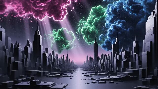 Epic fantasy cityscape with monolithic skyscrapers under a dramatic sky featuring vibrant pink, green, and blue magical gaseous clouds and volumetric light rays, perfect for sci-fi film intros.