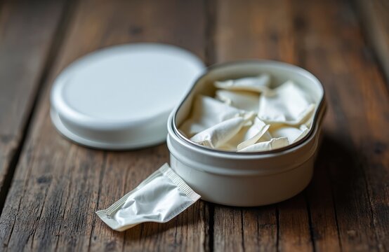 Open tin filled with white nicotine pouches on rustic wood table. Loose pouch lies beside container. Product for adult oral use, tobacco alternative, no smoking.