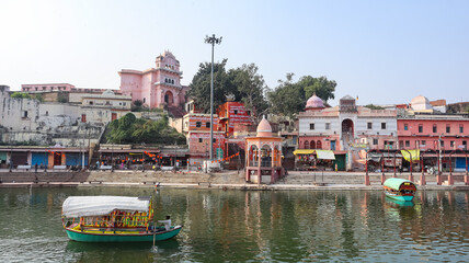 India, Madhya Pradesh, Satna, View of Ram Ghat and Sacred Mandakini River With Boats, Chitrakoot. 