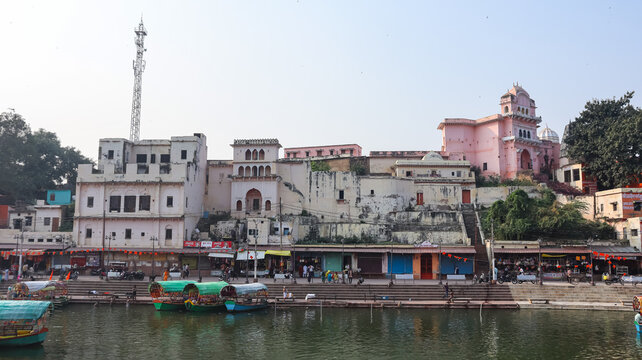 India, Madhya Pradesh, Satna, View of Ram Ghat and Sacred Mandakini River With Boats, Chitrakoot. 