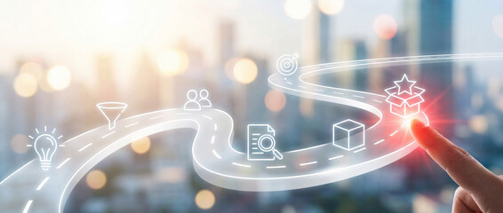 Strategic Business Path to Success: Hand Interacting with Goal Icon on Digital Roadmap Over City
