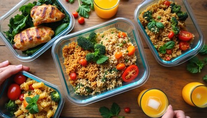 Four glass containers hold balanced meals with grilled chicken, pasta, and couscous with vegetables. Orange juice in glasses accompanies this healthy food prep.