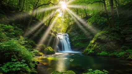 Sunlight streams through lush green forest illuminating a cascading waterfall and tranquil pool