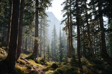 Fototapeta premium Tranquil conifer woodland with valley views, misty air, and blue alpine sky