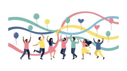 Celebration of Unity: A vibrant illustration showcasing a diverse group of individuals dancing joyfully amidst a festive atmosphere, celebrating together with balloons and ribbons.