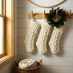 Soft white wool Christmas stockings on wooden hooks, cozy Scandinavian minimal decor with warm textures and calm winter feel.