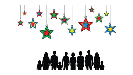 Festive Stars: Silhouette of a family stand below colorful stars, ready for the upcoming event and embracing the celebratory spirit. 