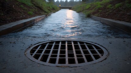 A concrete water channel with flowing water and a metal drain grate in the foreground illuminated by soft dawn light