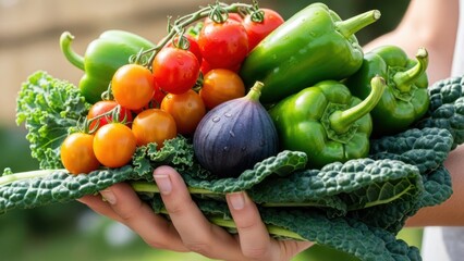 Freshly harvested assortment of colorful organic vegetables and fruit held in hands