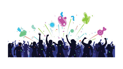 Celebration Silhouette: A vibrant illustration capturing the energy and excitement of a crowd celebrating, with colorful confetti and dynamic silhouettes of people.