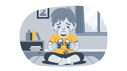 Modern flat vector illustration of a sad child sitting on the floor with a broken toy, expressing sadness and disappointment in a simple bedroom setting.