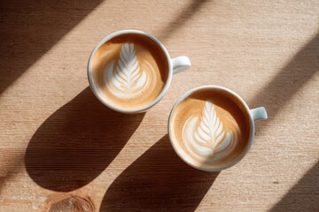 Two espresso cups with hand-shaped latte art, overhead scene of collaboration and connection