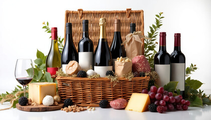 Wicker basket filled with wine bottles, cheese, grapes, bread, salami, and berries. Luxury gift hamper with festive decor and green foliage arranged for special occasions and gourmet dining.