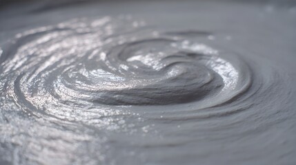 Abstract close up of a gray fluid mixture with swirling patterns and a smooth viscous texture