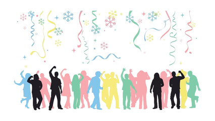 Celebration Silhouette: A vibrant silhouette of diverse individuals celebrating, amidst falling confetti. Capturing the spirit of joy and togetherness, perfect for themes of events and festivities. 