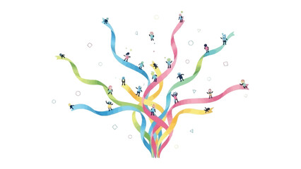 Vibrant Path of Progress: Miniature figures traverse along a colorful network of interconnected paths, symbolizing growth, innovation, and interconnectedness in an abstract artistic depiction.