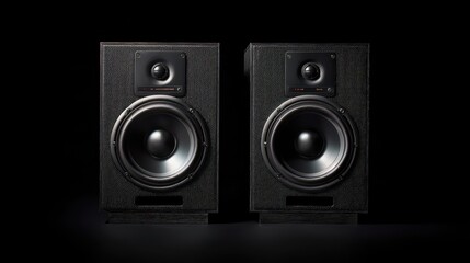Fototapeta premium Two stereo loudspeakers with ample space on a black backdrop in a minimalist product photo