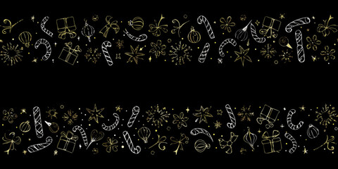 A festive border of hand drawn christmas ornaments and sparkling golden accents