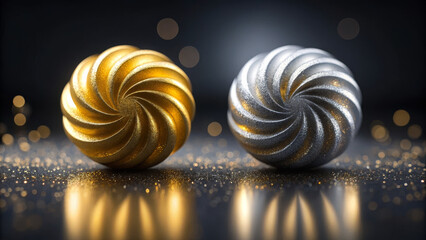 Gold swirl silver swirl metallic sphere spiral pattern glossy texture glitter dust bokeh light dark background studio lighting abstract design with calm elegance and contrast