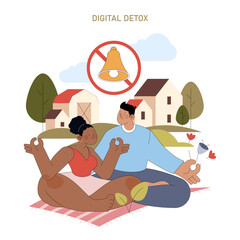 Digital Detox Meditation Vector Illustration with Couple