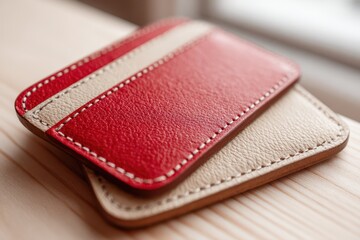 Two-tone red and beige leather wallets with visible card slots on a neutral wooden surface